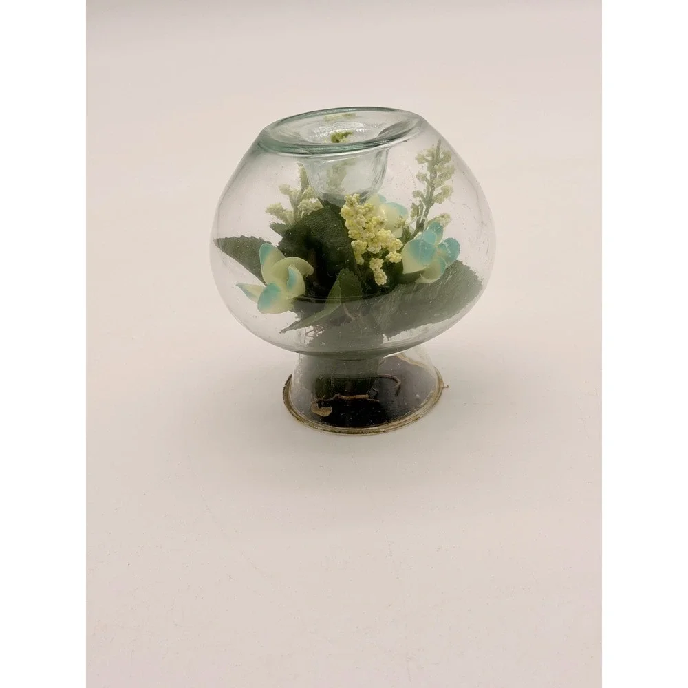 Vintage Glass Globe Terrarium Candle Holder Faux Floral Blue White Flowers 4.5in